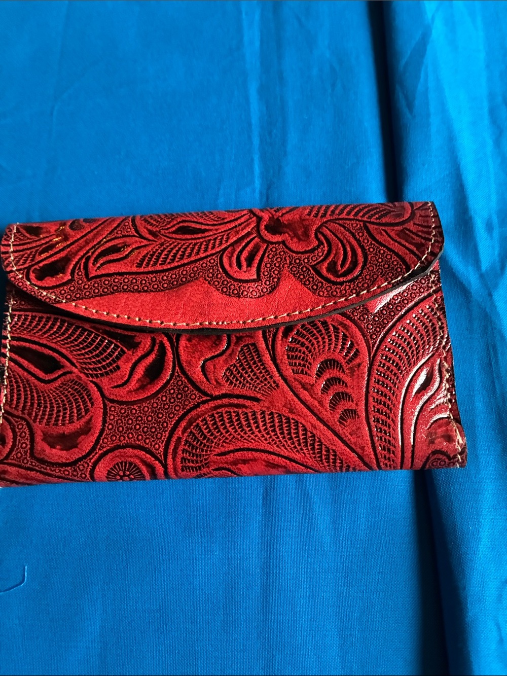 Embossed Red Floral Leather Clutch Wallet